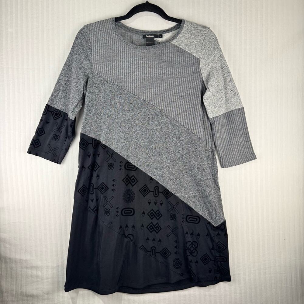 Desigual Gray Black 3/4 Sleeve Tunic Dress Size Large Asymmetrical Mixed Media